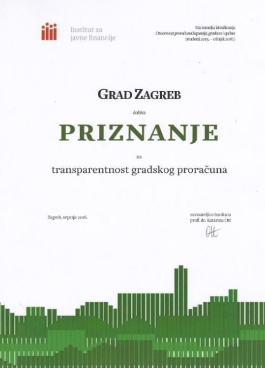 Zagrebu priznanje za transparentnost proračuna, po treći put zaredom