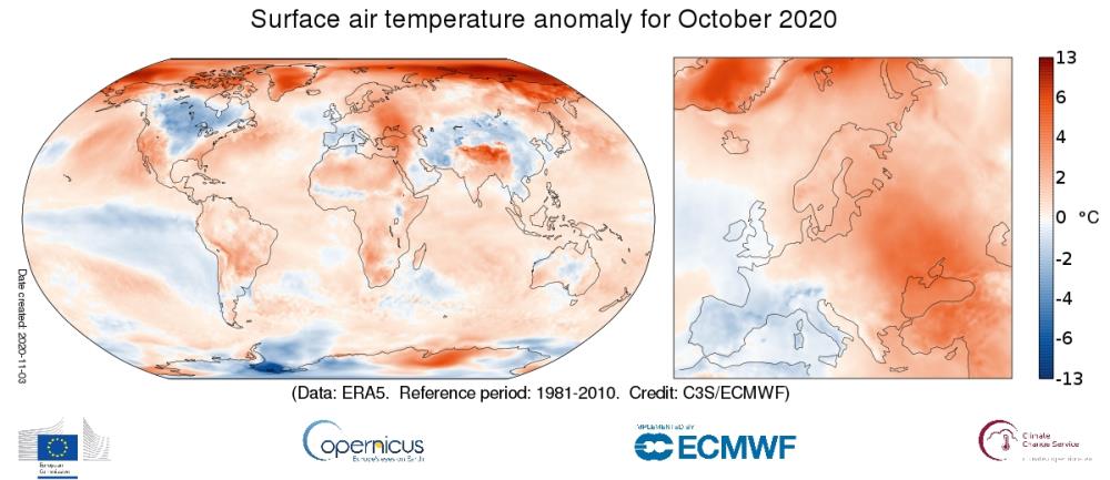 Copernicus prati najtopliji listopad u Europi; Arktički morski led dosegnuo najniži prosjek listopada od 1979. 